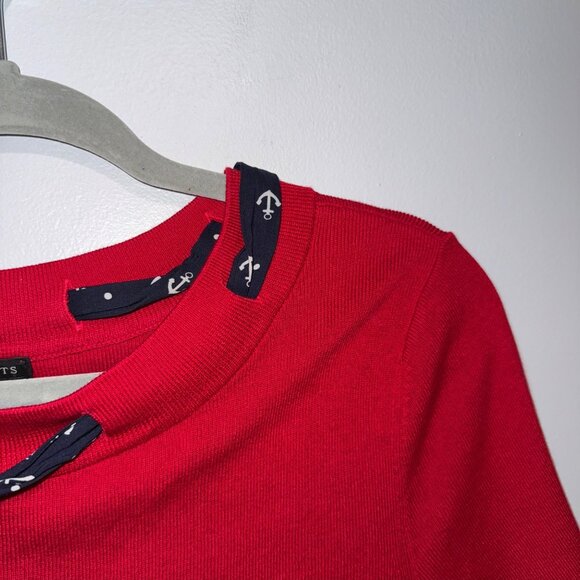 Talbots Red Short-Sleeve Knit Top With Navy Anchor Tie Neck Detail Size M - Picture 2 of 6